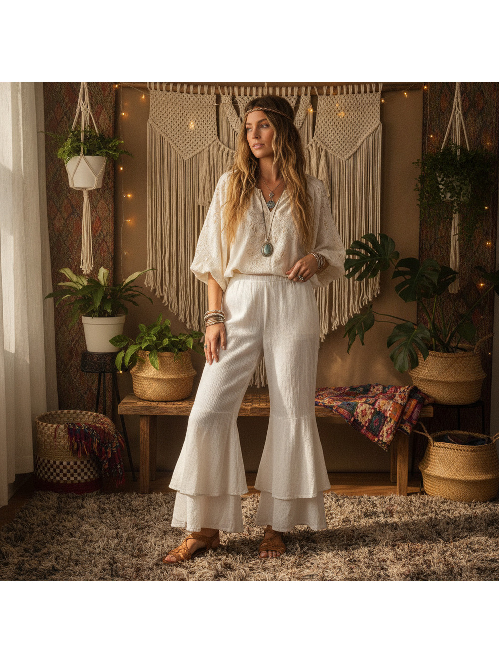 Bohemian Off White Ivory Cotton Tiered Flare Pants Size S Coastal Cowgirl